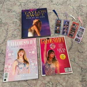 Taylor Swift lot - hardcover book, 2 magazines, 4 bookmarks - great gift Swiftie